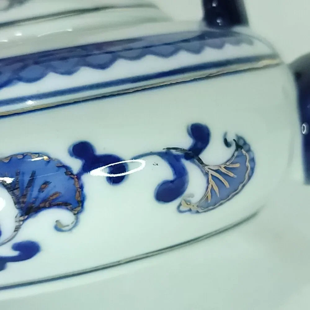 Vintage Collectable Cobalt Blue and White Gold Accent Ceramic Teapot 6
